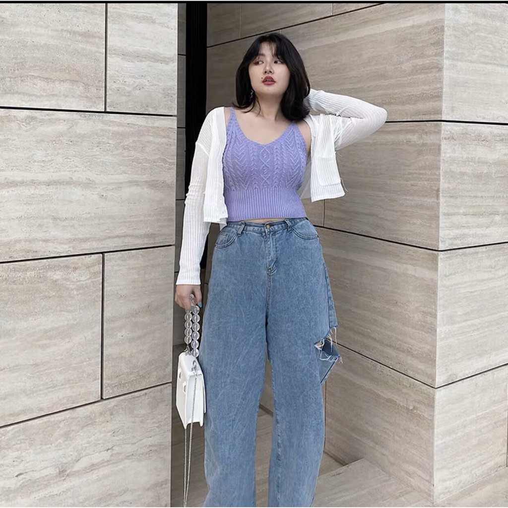 Quần Dài Ống Rộng Dài 105cm Lưng Cao Qua Rốn - Rách 1 Sườn -Jeans Size Đại