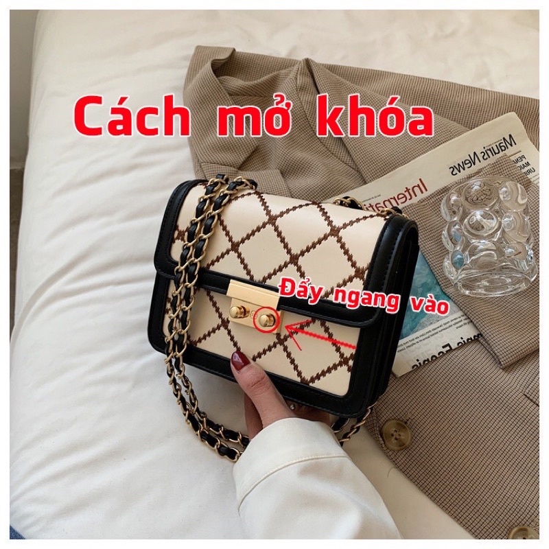 Túi đeo chéo nữ 3 ngăn trần trám khoá sập chống rơi đồ quai đeo da luồn xích phong cách Hàn Quốc