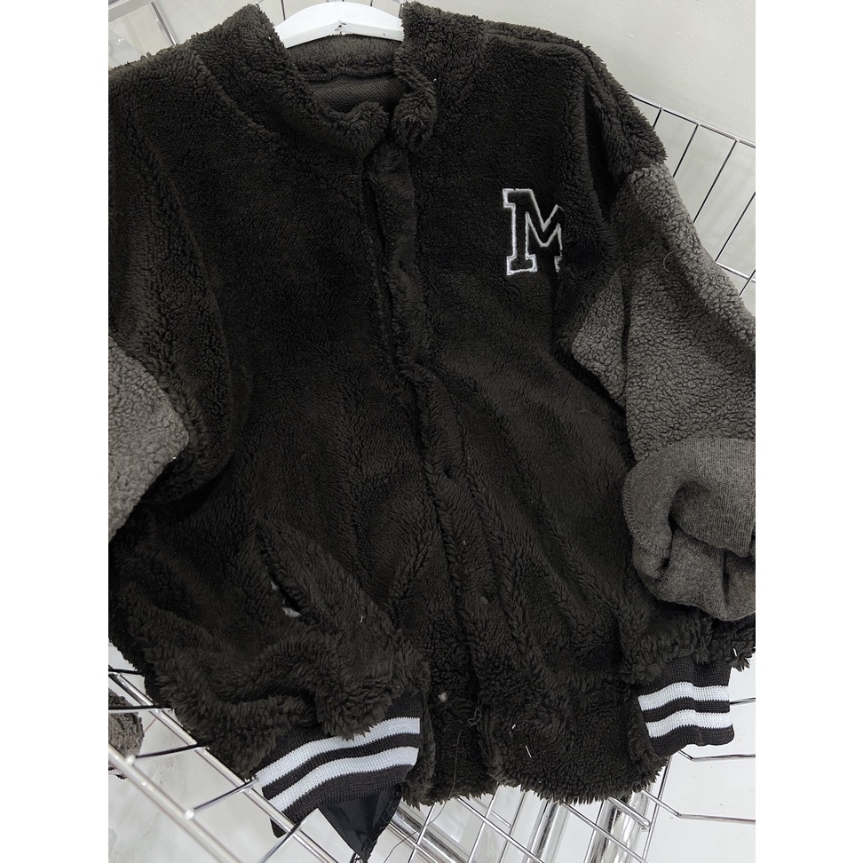 Khoác Lông Nam Nữ Cổ Bẻ Thêu Chữ M Oversize Dáng Rộng Unisex