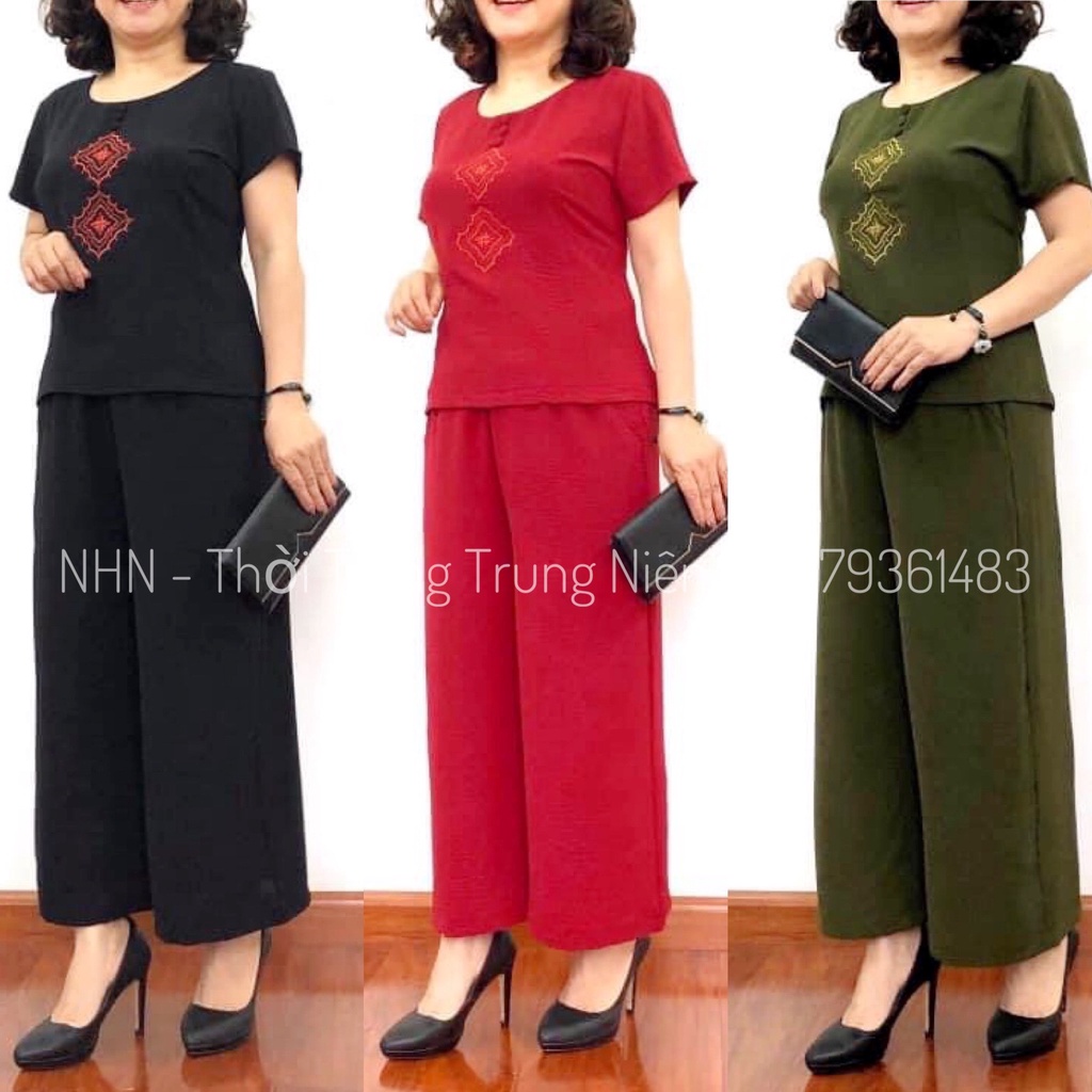 Đồ Bộ Trung Niên Mặc Nhà Cho Mẹ Vải Đũi Tơ Cao Cấp Áo Cộc Quần Dài