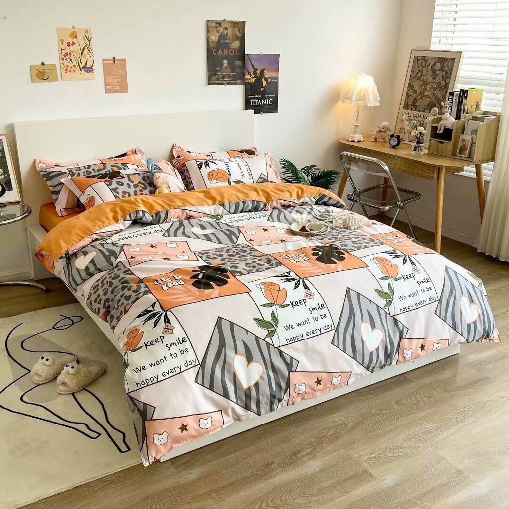 Bộ chăn ga gối Poly cotton hoa hồng ô vuông lãng mạn (Tặng vỏ gối ôm) - Miễn phí bo chun