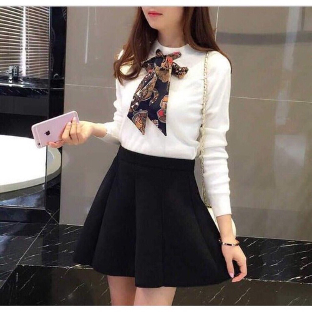 Áo Thun Tay Dài Dáng Trơn Kết Hợp Dây Thắc Nơ Cổ Thời Trang Thu Đông TTSL0184