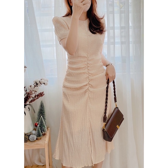 Đầm nhún thân che bụng xẻ tà giữa 5 màu Trắng - Kem - Xanh - Hồng - Vàng | BigBuy360 - bigbuy360.vn