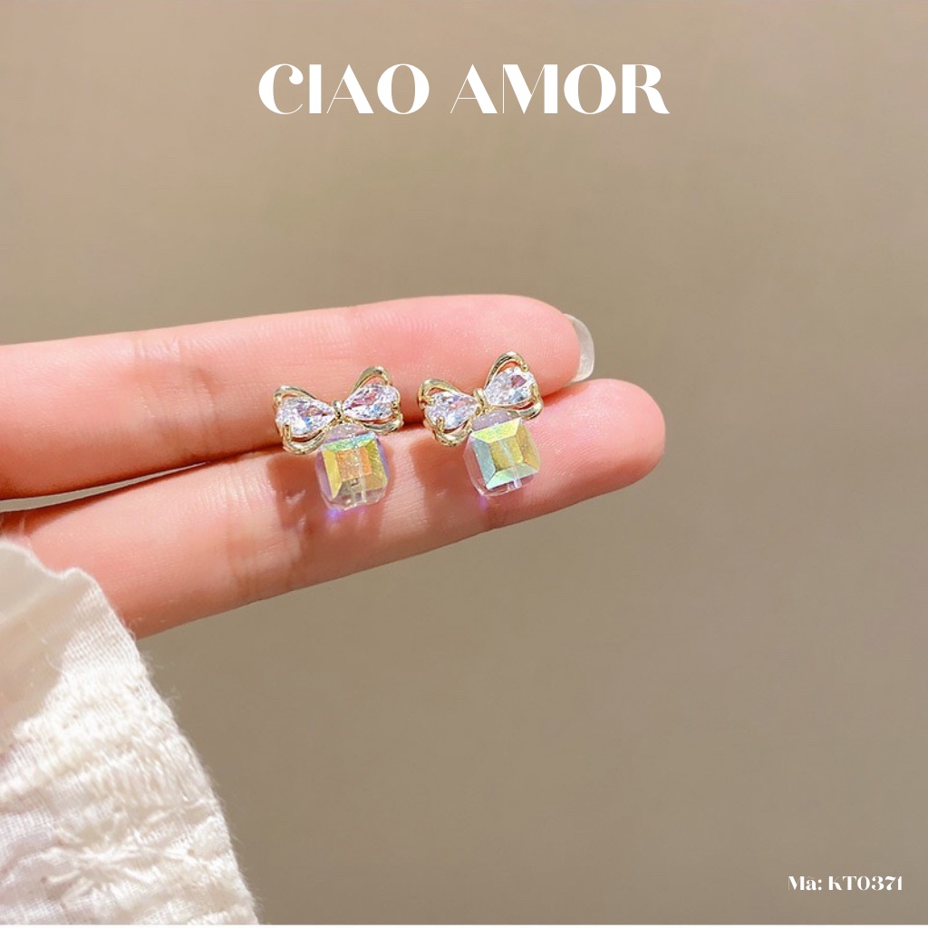 KT0372-Khuyên tai nữ, Bông tai nữ bạc 925 nụ nơ mạ màu mix lấp lánh dễ thương Trang sức Ciao Amor