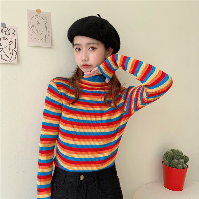 Áo Sweater Dài Tay Cổ Cao Thiết Kế Mỏng Họa Tiết Sọc Cầu Vồng Mới Thời Trang