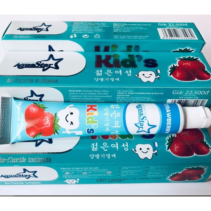Kem Đánh Răng Trẻ Em Aqustar 45g Hương Cam Và Dâu, An Toàn Cho Bé, Công Nghệ KOREA