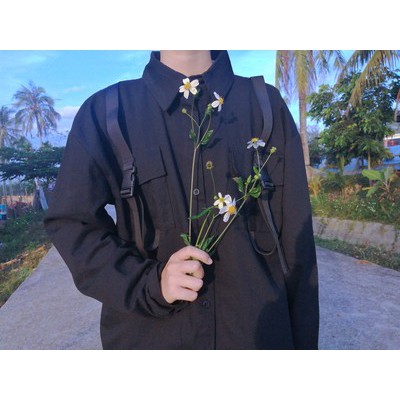 Sơ mi đen ulzzang nam nữ thiết kế dây phong cách