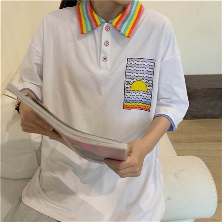 Áo Thun Polo Ngắn Tay Kẻ Sọc Màu Cầu Vồng Phong Cách Hàn Quốc | BigBuy360 - bigbuy360.vn
