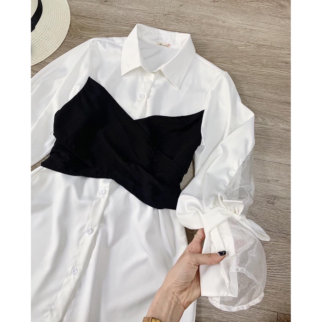 Áo giấu quần Double Shirt dáng dài - Áo Sơmi liền tay đắp chép cột nơ đen phía sau 