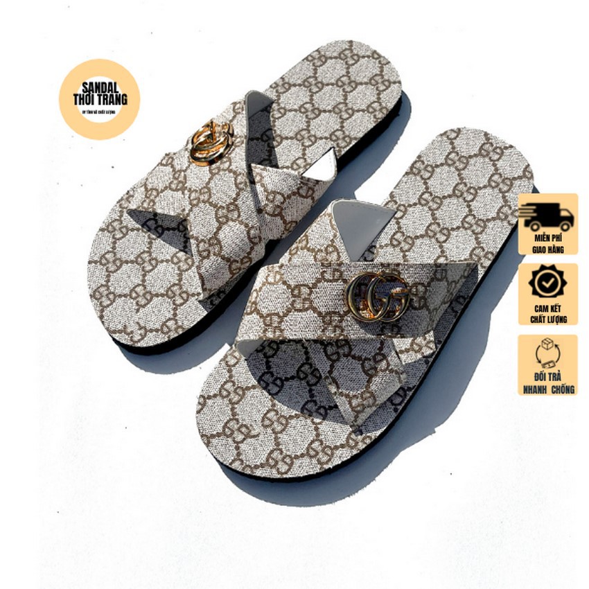 Dép sandal nữ quai chéo, SANDALTHOITRANG Dép nữ sỏ ngón GG kem full size 30-44