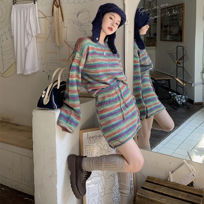 Set Áo Len Tay Dài Kẻ Sọc Phối Chân Váy Rút Dây Thời Trang Cho Nữ