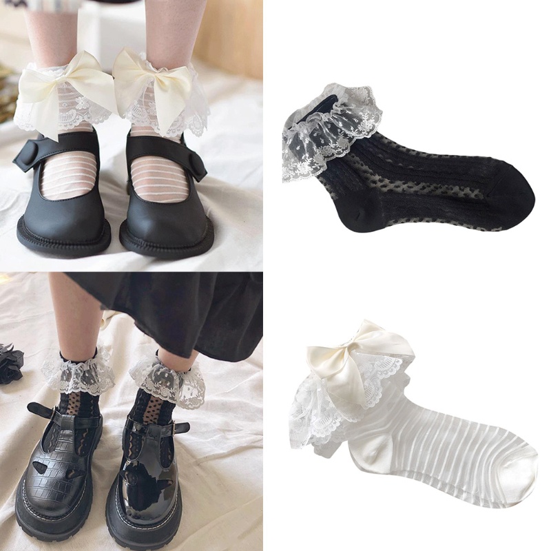 Youyo Đôi Vớ Lolita Công Chúa Bằng Sợi Thủy Tinh Phối Ren Lưới Siêu Mỏng Thắt Nơ Cổ Điển Ngọt Ngào Cho Nữ