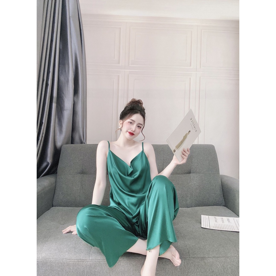 Bộ mặc nhà quần dài, chất lụa satin đẹp, mát, kiểu cổ đổ nhún thun sau lưng thoải mái, freesize dưới 55kg- tùy chiều cao | BigBuy360 - bigbuy360.vn