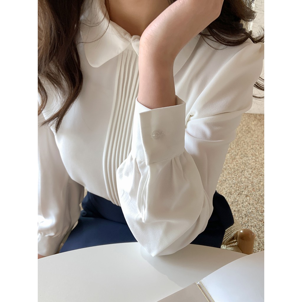 Áo sơ mi nữ trắng công sở Wexuu Design áo dài tay nẹp xếp ly chất lụa hàn mềm mịn- SP27