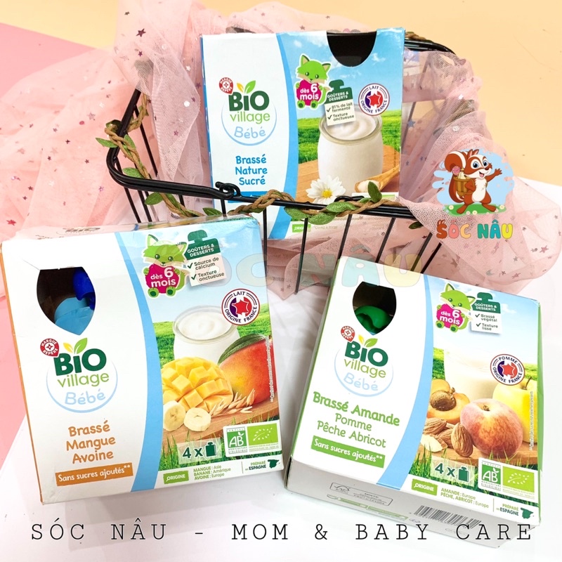 Váng Sữa/ Sữa chua/ Hoa Quả Nghiền Bio Village BéBé Dạng Bịch Mẫu Mới Cho bé Từ 6m.date t5,6-2022