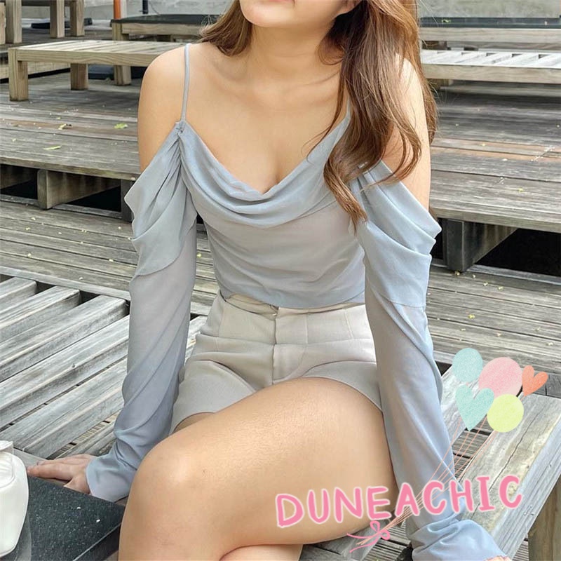 DUNEA Áo Croptop Tay Dài Trễ Vai Phối Lưới Phong Cách Quyến Rũ