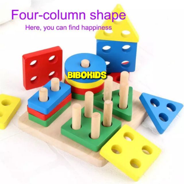 Đồ chơi xếp hình 4 cọc trụ hình khối bằng gỗ