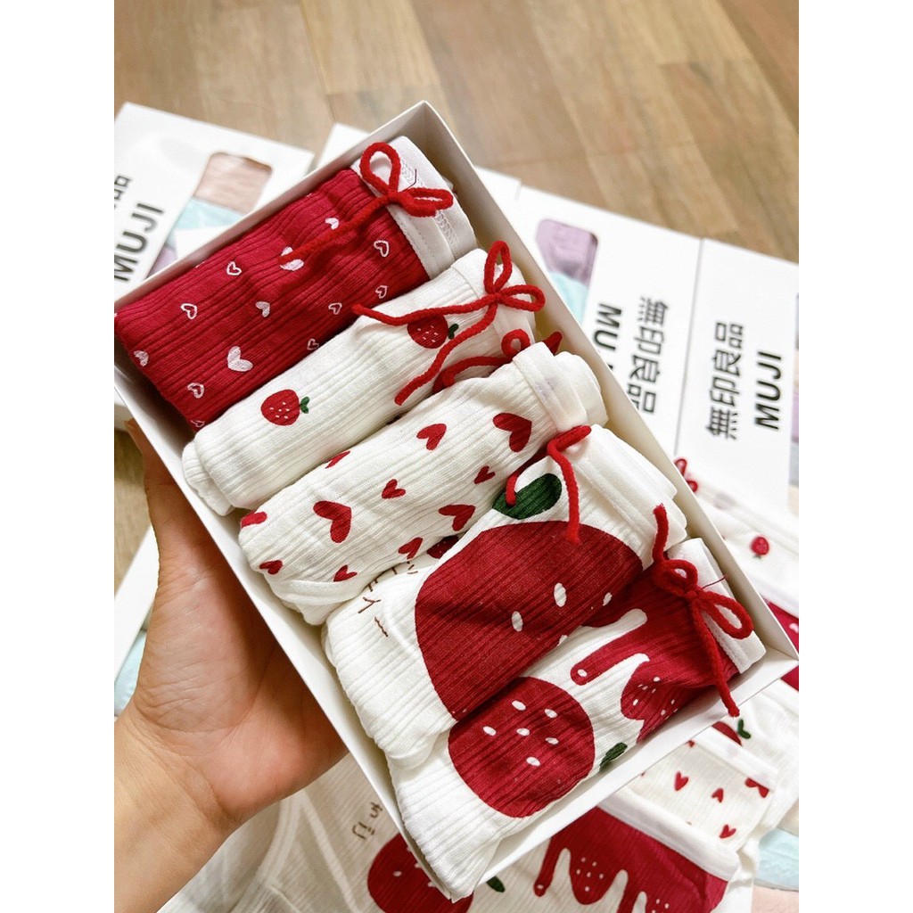 Set hộp 5 Quần lót cotton lưng vừa họa tiết dâu tây đáng yêu thời trang dành cho nữ 2801