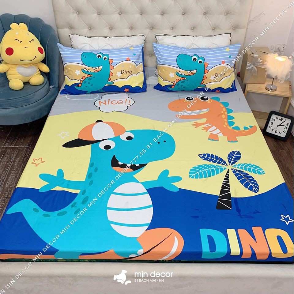 Drap Giường  Set Ga + 2 Vỏ Gối Cotton Silk 100% Cartoon Khủng Long  Ga Trải Giường Dày Dặn Mềm Mịn #Hot_Trend_2020