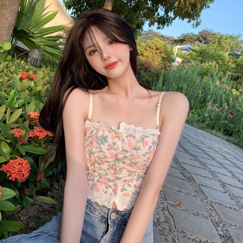 Áo Croptop Hai Dây Phối Ren Hoa Thời Trang Hàn Quốc Ngọt Ngào Cho Nữ