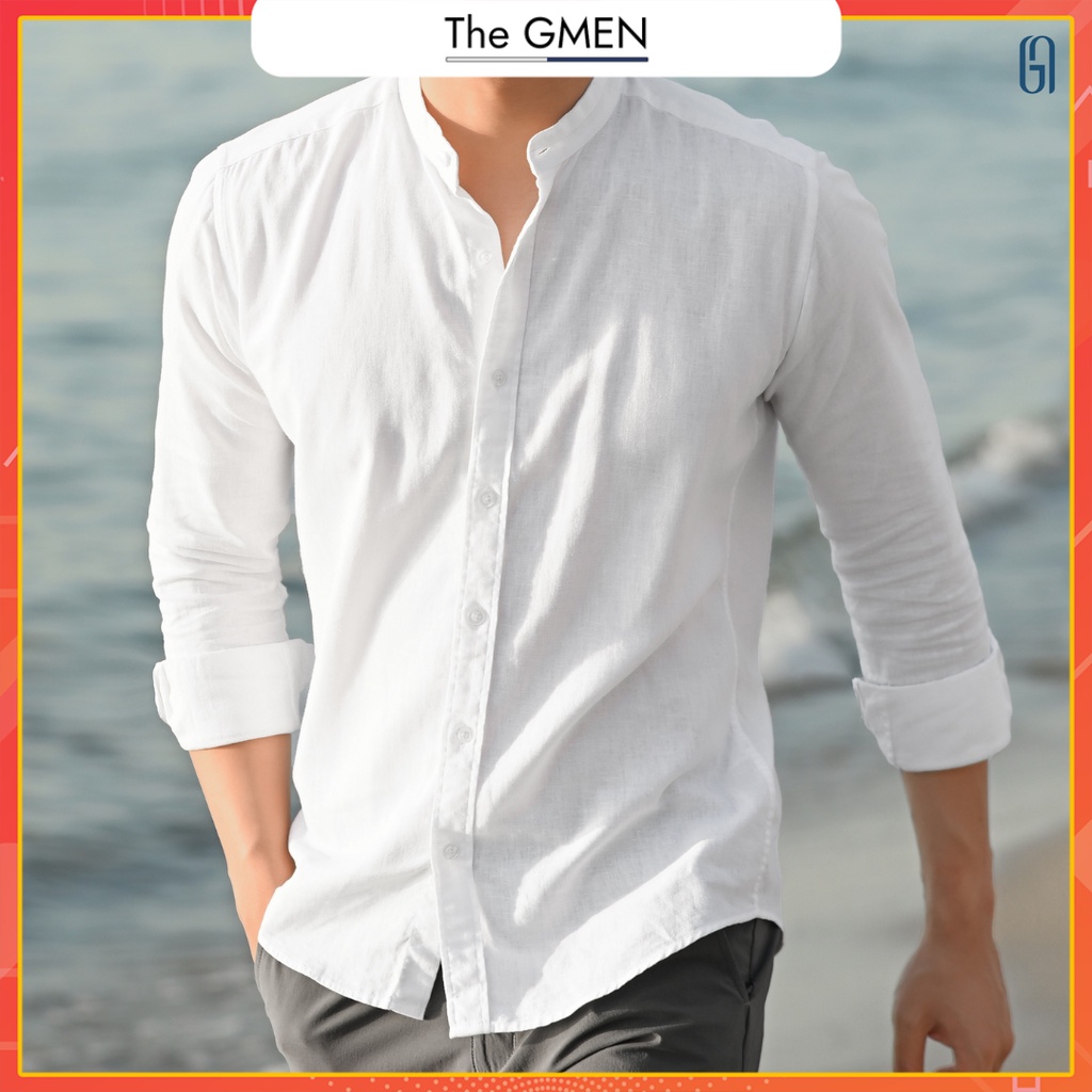 Áo sơ mi trắng nam, cổ trụ, vải lanh linen thoáng mát THE GMEN Fiano Linen Shirt