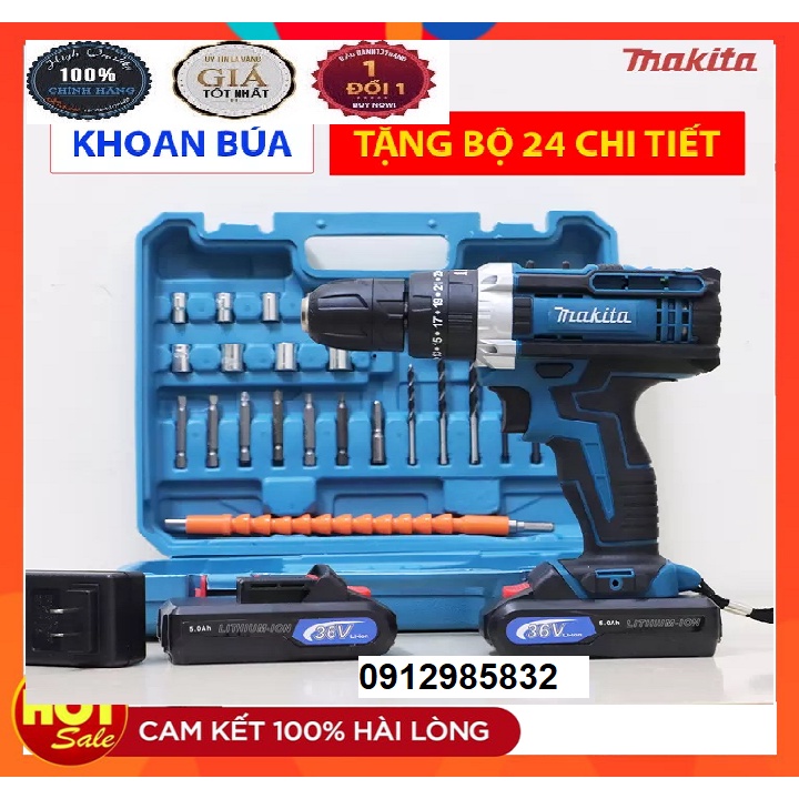 Máy khoan pin 36V Makita 3 chức năng có búa - Tặng kèm 24 chi tiết gồm các mũi khoan + Mũi bắt vít (bảo hành 12 tháng)