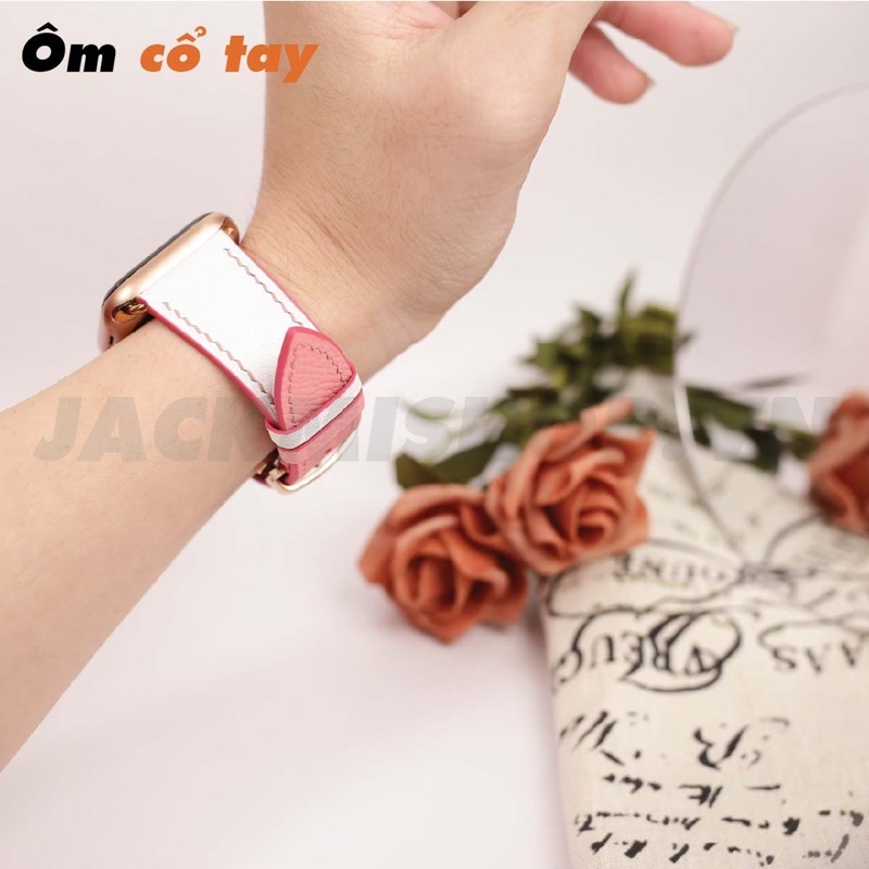 [BẢO HÀNH 1 NĂM] Dây Da EPSOM may tay thủ công màu Trắng/Hồng khóa Bướm cho Apple Watch series 1/2/3/4/5/6/7