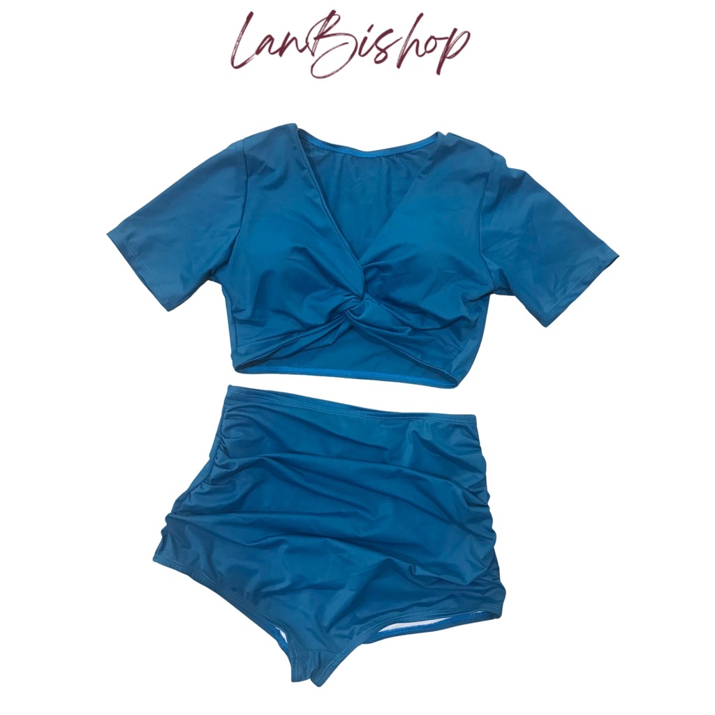 Đồ Bơi Nữ Bikini LANBISHOP 2 Mảnh Quần Đùi Cạp Cao Aó Crop Xoắn Ngực LANBI-005
