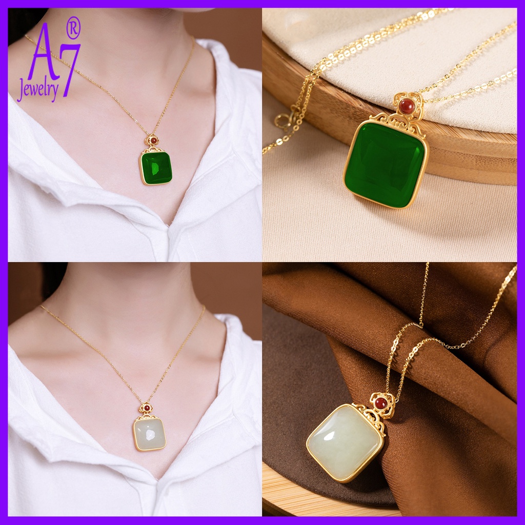 Dây Chuyền Mặt Đá Ngọc Bích Thiết Kế Phong Cách Vintage Dành Cho Nữ