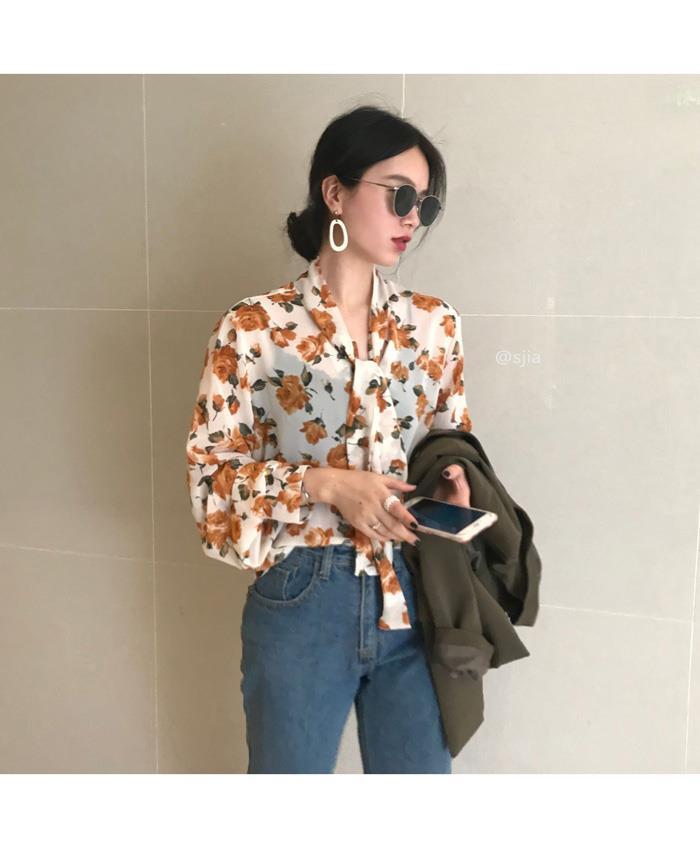 Áo Sơ Mi Voan Hoa Dáng Dài Phong Cách Retro Dành Cho Nữ