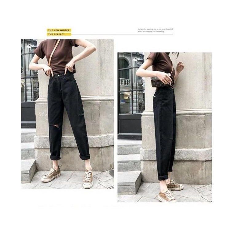 [Jean baggy] Quần jean nữ đen chất vải bò rách tua cute NQ14 | BigBuy360 - bigbuy360.vn