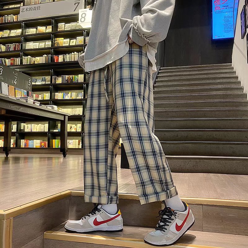 Quần dài ống rộng họa tiết kẻ sọc caro phong cách hip hop Hàn Quốc thời trang thu đông cho nam size m-5xl