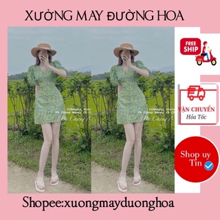 Váy hoa xanh cổ V tay bồng cúc bọc siêu xinh(kèm ảnh thật)