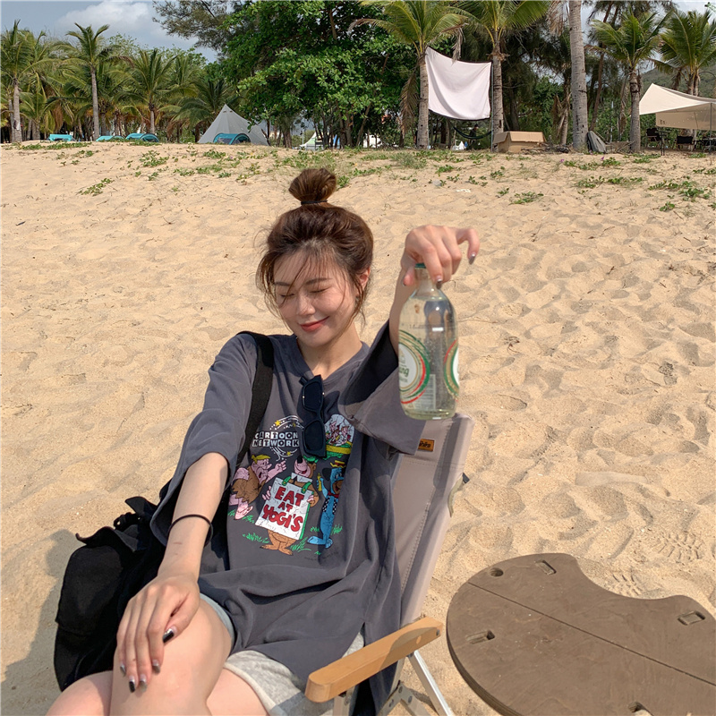 Áo thun tay ngắn dáng rộng in họa tiết hoạt hình thời trang mùa hè cho nữ