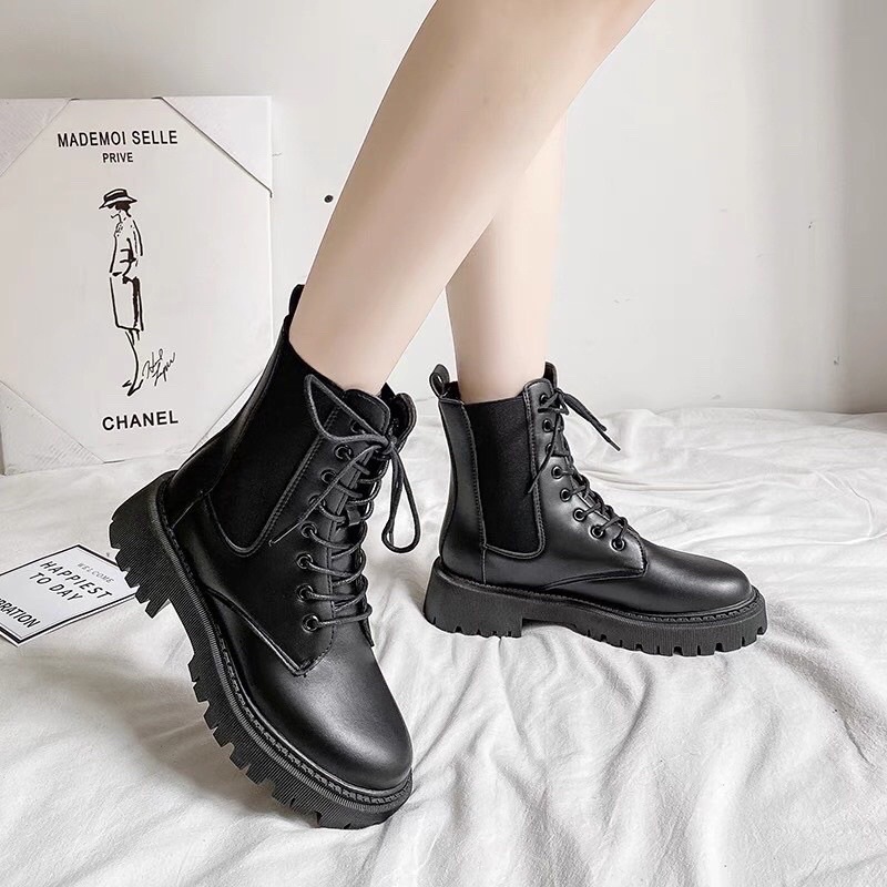 Giày boots nữ cao cổ loại sịn cổ chun kèm dây buộc chiel 2 màu siêu hot | BigBuy360 - bigbuy360.vn