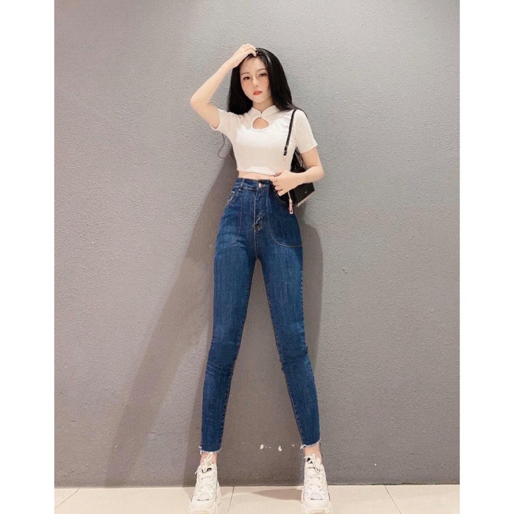 Quần Jean Nữ Lưng Cao PHỐI CHỈ HÌNH TÚI siêu hot trend chất jean giãn tốt -41
