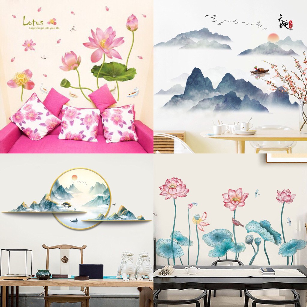 [Mẫu đẹp] Decal dán tường tranh phong thuỷ núi non, hoa sen trang trí phòng khách phòng ngủ