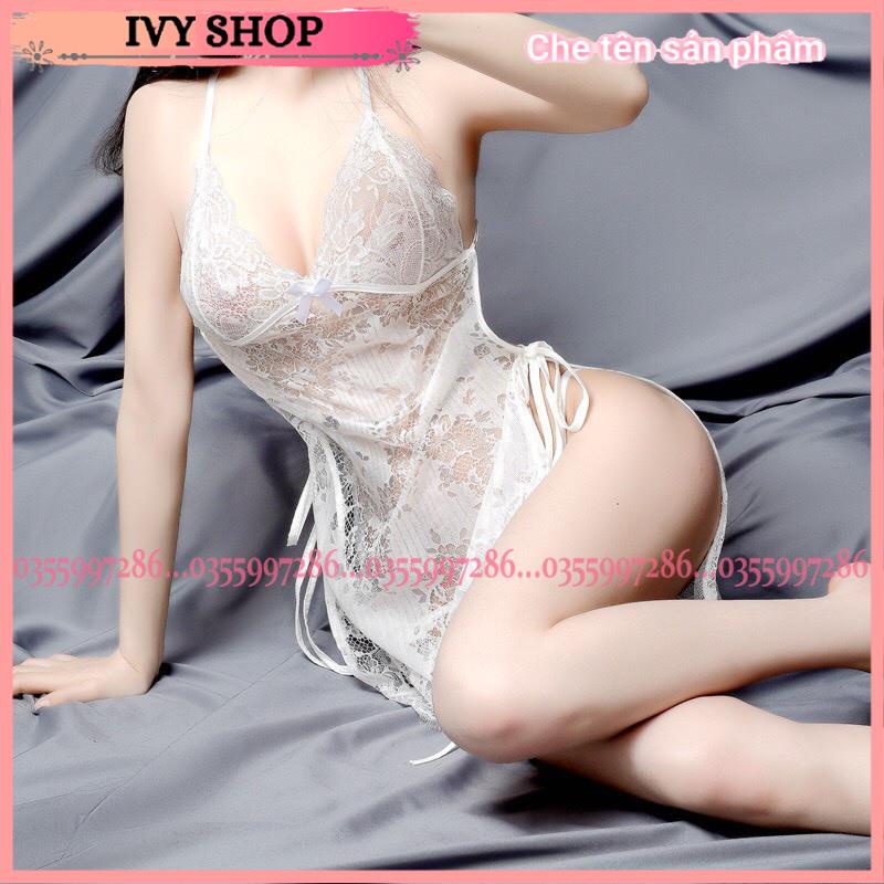 Váy ngủ sexy xuyên thấu ren cả đầm hở lưng vạt xẻ tà với màu trắng tinh khôi - VR1400  - VR999 Ivyshop