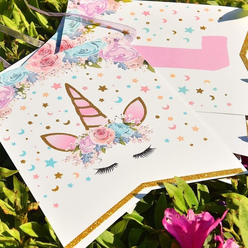 1 Set Dây Cờ Kỳ Lân Kim Tuyến Màu Hồng Trang Trí Tiệc Sinh Nhật Cho Bé