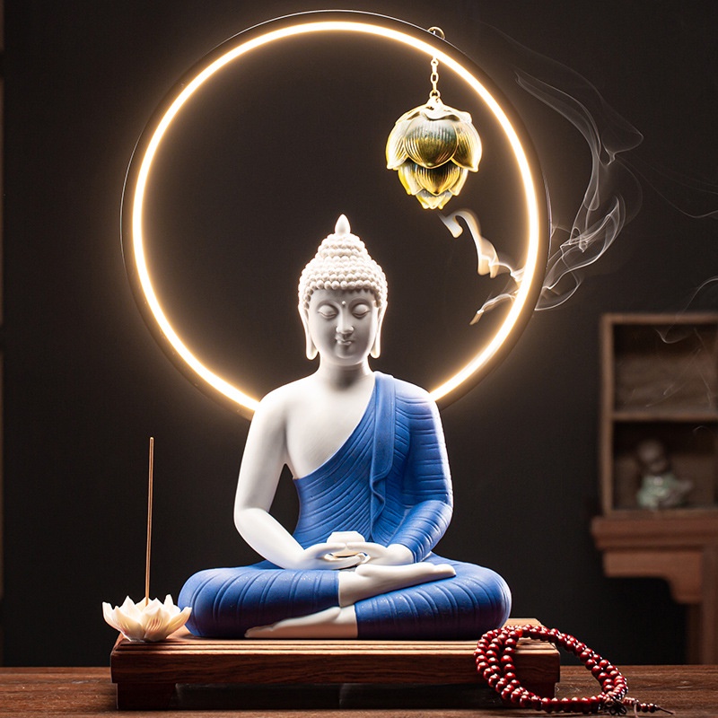 Bộ kệ và đèn led có tranh Thích Ca Mâu Ni gốm Đức Hóa cao cấp (có bán lẻ, nhiều màu) - Tượng Phật, tượng Phong Thủy