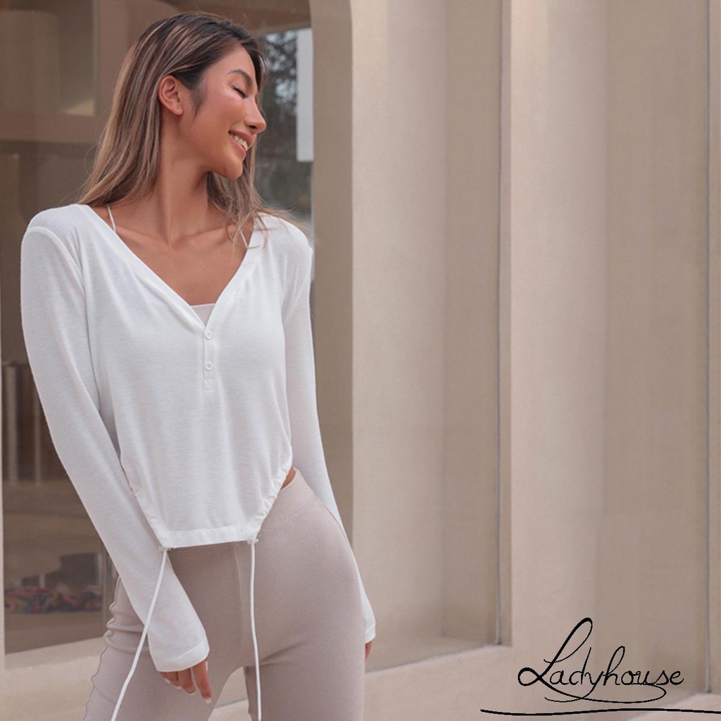 Áo Thun Tay Dài Cổ Chữ V Màu Sắc Đơn Giản Thời Trang Cho Nữ