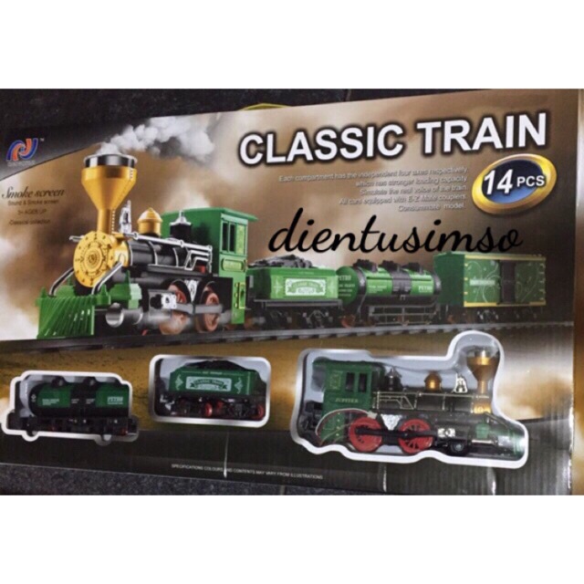 ☊♨☁Đồ chơi tàu hỏa chạy trên đường ray Classic Train có hiệu ứng đèn khói nhạc