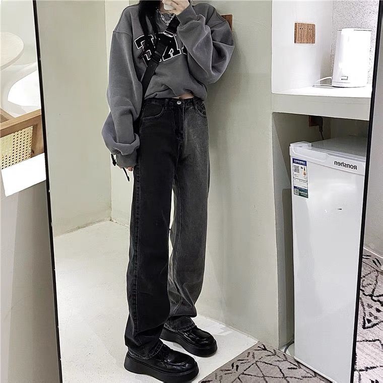 Quần Jean Dài Ống Rộng Phối Màu Đen Xám Phong Cách Harajuku Đường Phố Cá Tính Cho Nữ