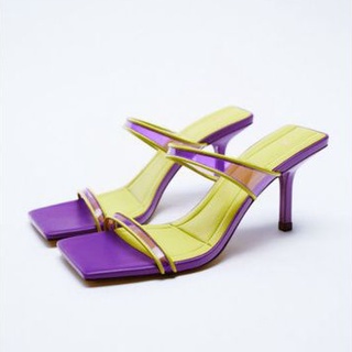 Guốc/dép cao gót ZARA xuất xịn mũi vuông quai ngang nhựa trong vinyl tím vàng chanh 7cm size 36-37