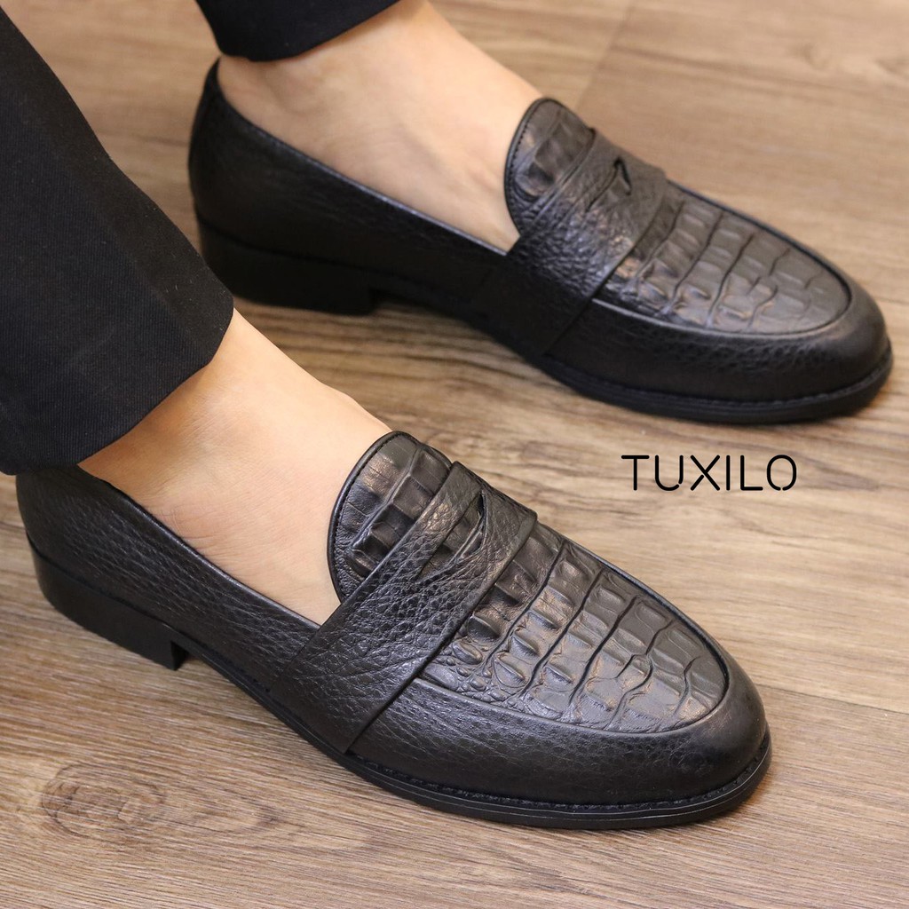 Giày nam công sở da thật loafer TUXILO giày tây lười nam da bò dập vân cá sấu có dai TX37