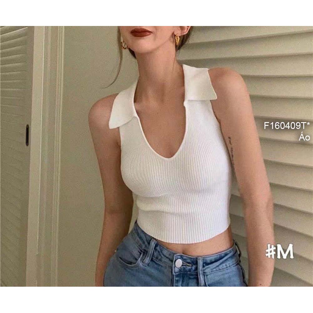 Áo len croptop cổ bẻ sát nách