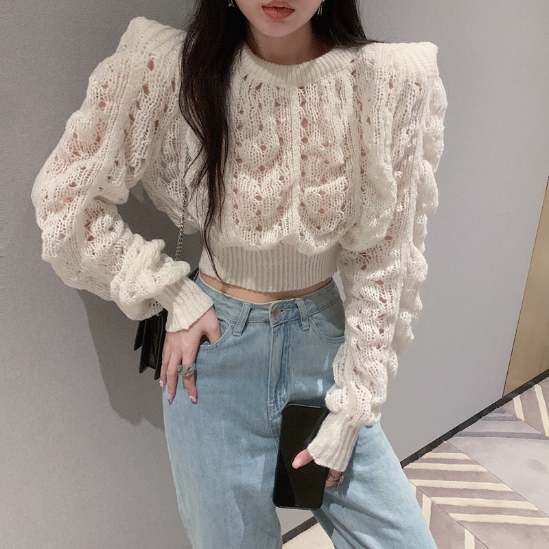 Áo sweater ZHELIHANGFEI dài tay eo cao thiết kế kiểu rách phong cách quyến rũ