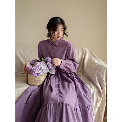 Đầm Sơ Mi Nữ Dáng Dài Màu Tím Phong Cách Hàn Quốc