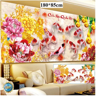 (KHO SỈ) Tranh đính đá cao cấp cá chép cửu ngư quần hội kt 180x85cm