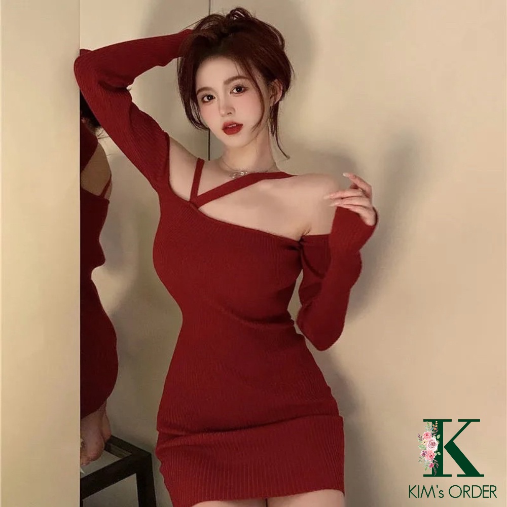 Đầm len body màu đỏ đen dây chéo trễ vai dài tay ôm sát sexy sang chảnh sành điệu mặc Noel Tết chất đẹp loại 1 co dãn